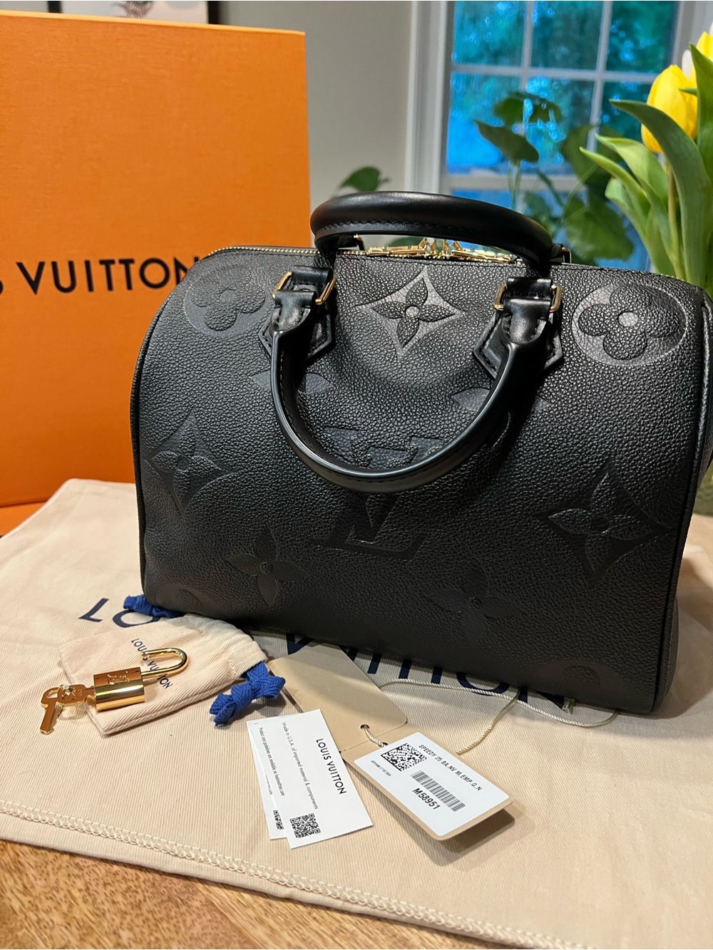 Authentic Louis Vuitton Black Monogram Empreinte Speedy 25